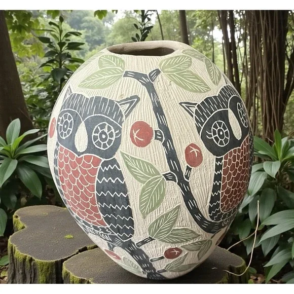 Mata Ortiz Pottery Olla Vase Jonathan Villa‎ Owl Owls Folk Art Mexican Ceramic